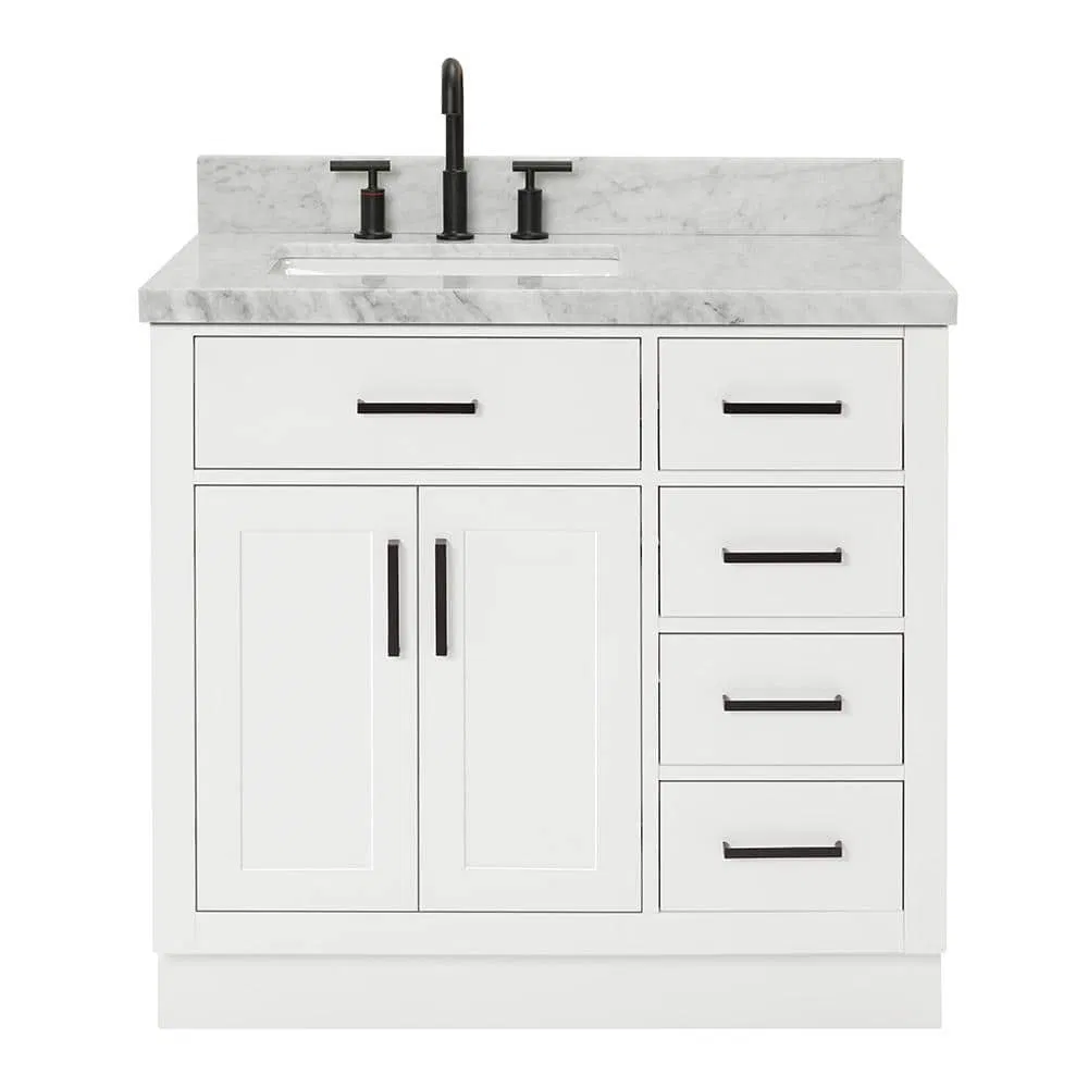 Bathroom Vanity Unit Furniture in White with Sintered Stone Marble Vanity Top in White with White Basin Chest of Drawers Storage Cabinet