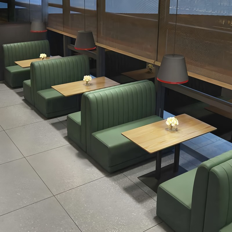 Foshan Commercial Modern Customized Wholesale Wood/Wooden Dining Table and Green Leather Sofa Set Restaurant Booth Seating Furniture for Cafe Bistro