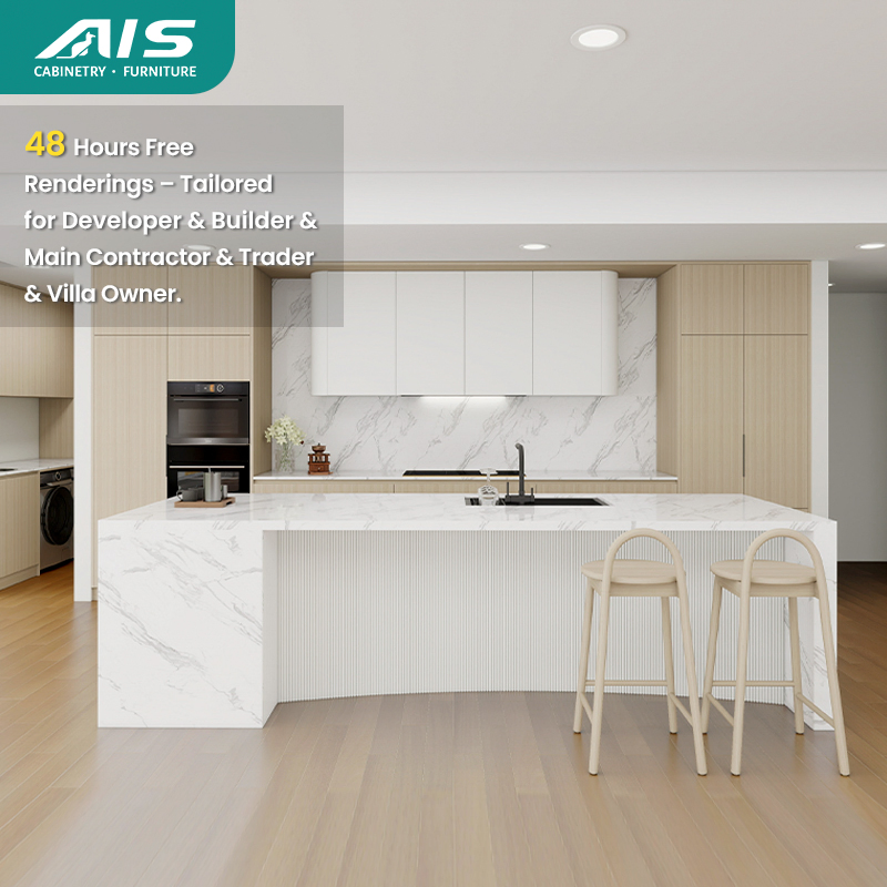 AIS 2026 Free Design White Modern Custom Kitchen Furniture Manufacturers for Canada Australia Villa Smart Cabinet for Apartment with Island