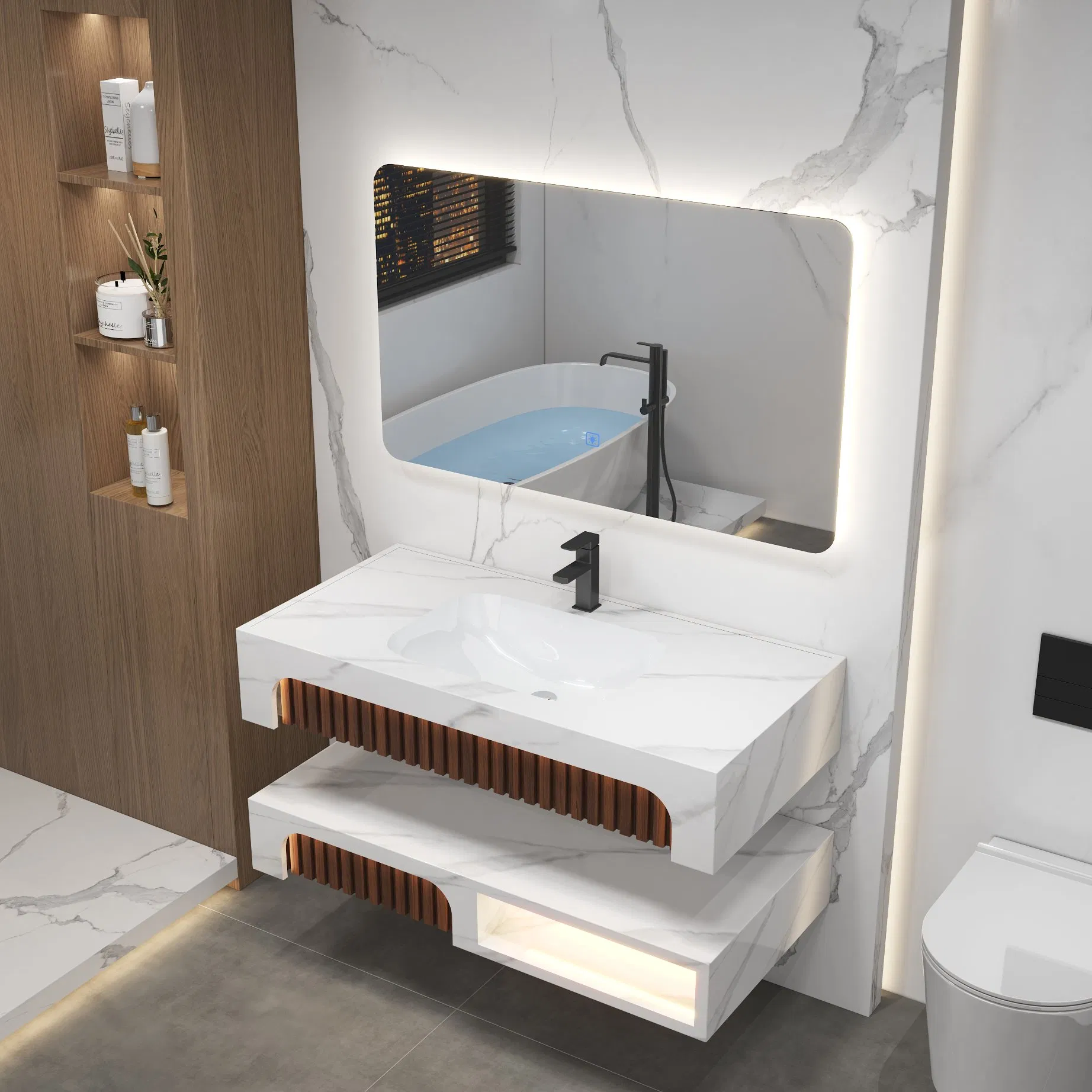 Bath Sanitary Ware LED Light Smart Mirror Floating Bath Vanity Sink Bathroom Furniture