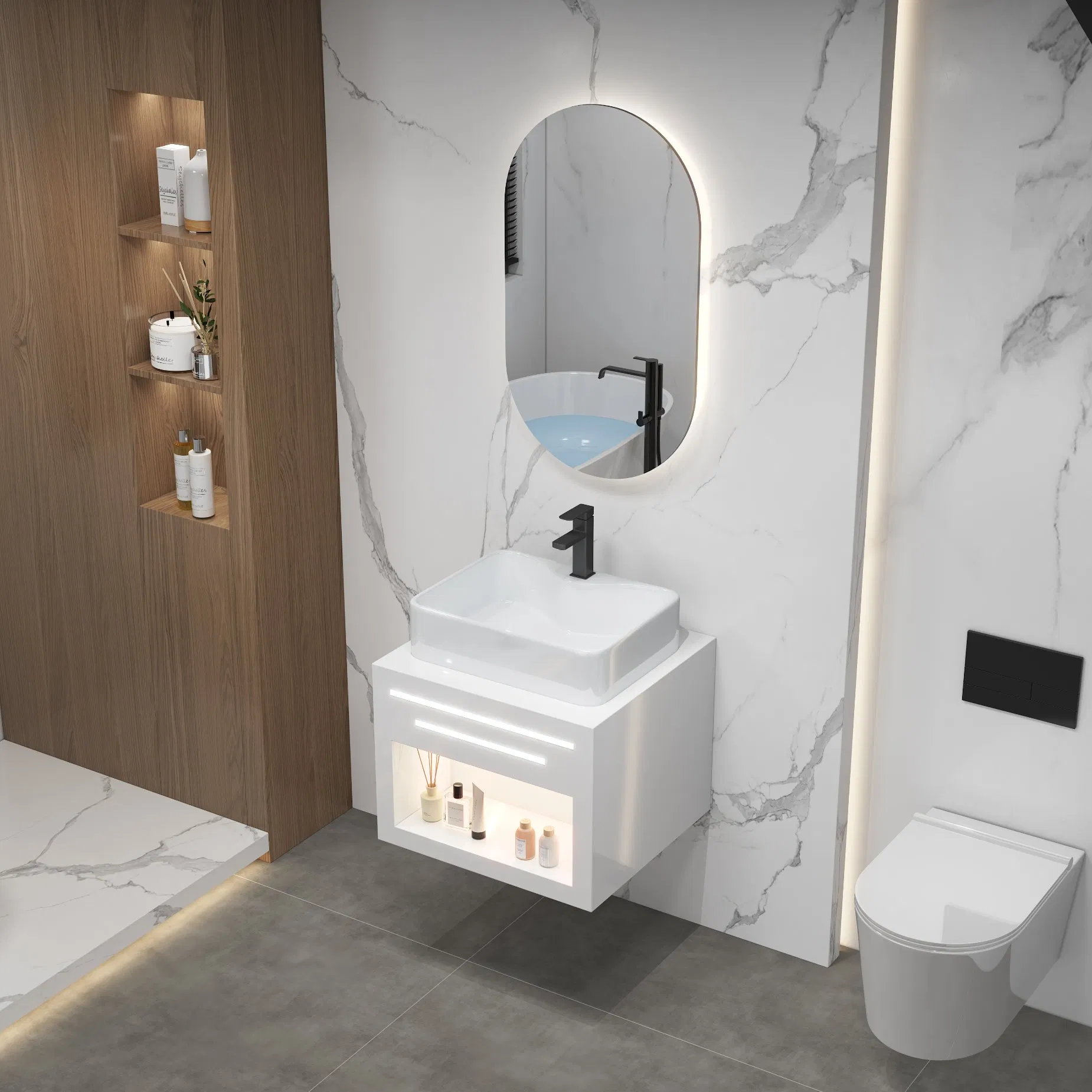 Bath Sanitary Ware LED Light Smart Mirror Floating Bath Vanity Sink Bathroom Furniture