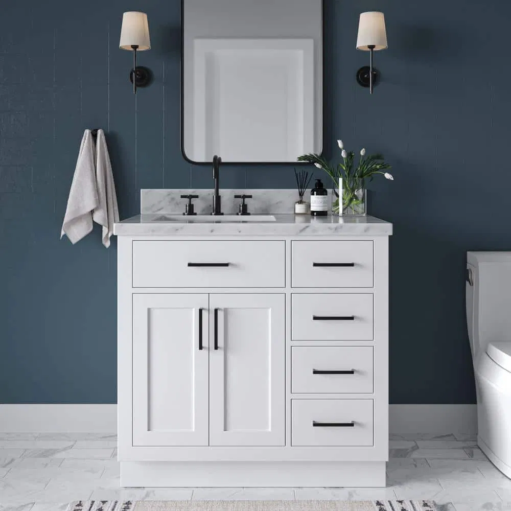 Bathroom Vanity Unit Furniture in White with Sintered Stone Marble Vanity Top in White with White Basin Chest of Drawers Storage Cabinet