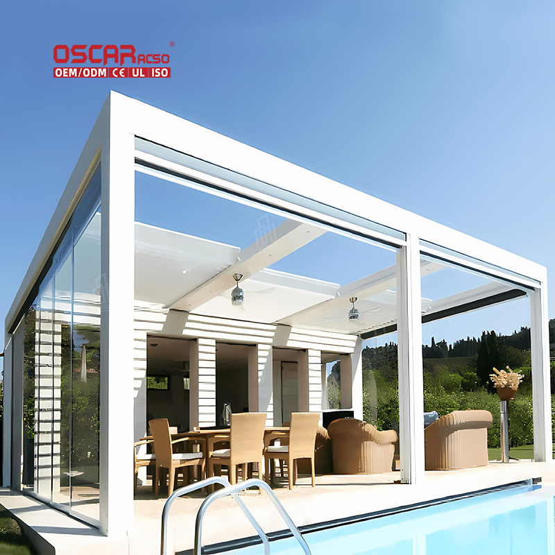 Outdoor Bioclimatic Garden Furniture Aluminium Gazebo Motorized Retractable Roof Pavilion Louvered Pergola