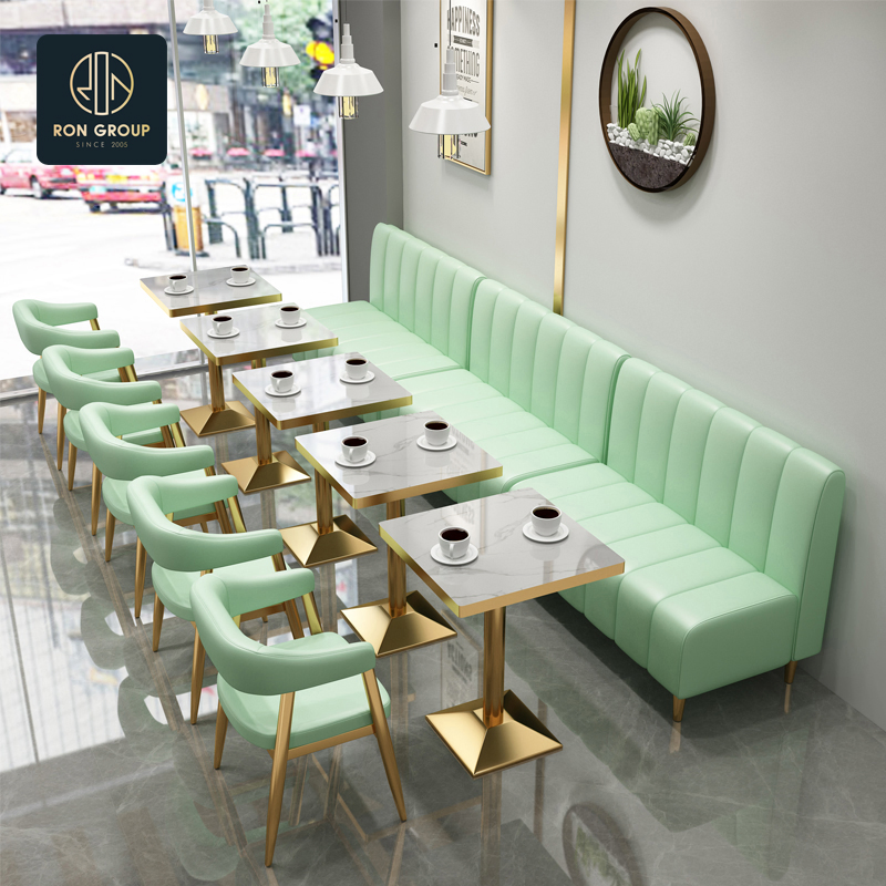 High-End Commercial Light Green Cafe Booth Bench Seating Hotel Coffee Shop Square Marble Metal Table and Chair Set Modern Restaurant Furniture for Restaurant