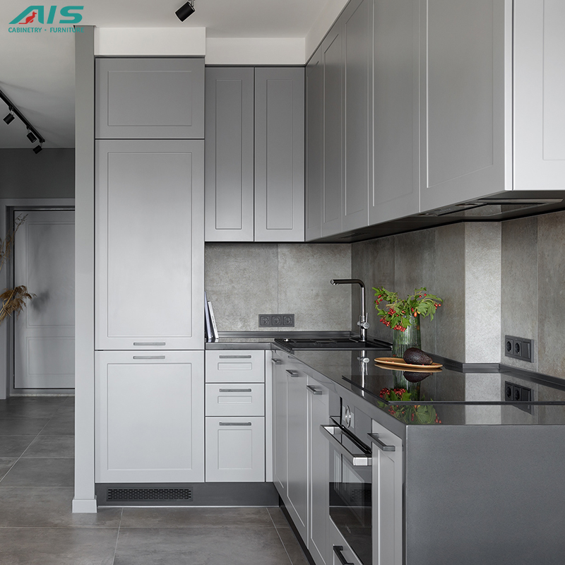 Contemporary Minimalist Luxury Style Simple Design Units Apartment Custom Furniture Set Grey Shaker Lacquer Kitchen Cabinet
