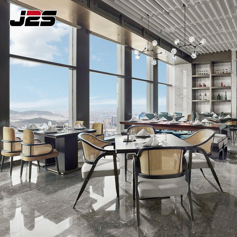 Commercial Restaurant Table Coffee Shop Furniture Solid Wood Rattan Back Armchair Rectangular Dark Wood Table Set High Altitude Restaurant