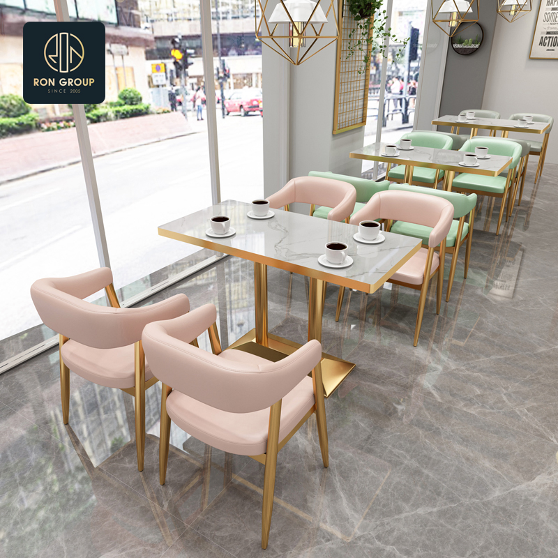 High-End Commercial Light Green Cafe Booth Bench Seating Hotel Coffee Shop Square Marble Metal Table and Chair Set Modern Restaurant Furniture for Restaurant