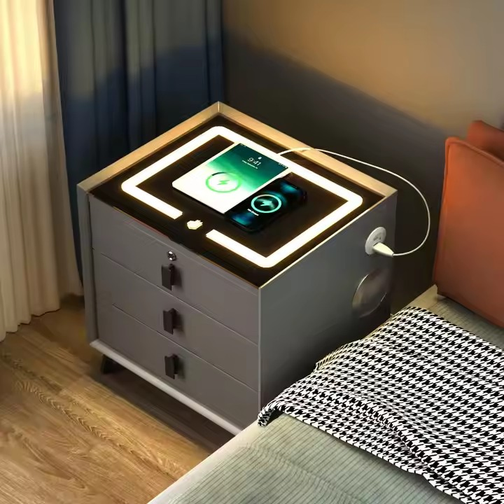 Custom Color Smart Nightstand Wireless Charging LED Light, USB Port, Bluetooth Speaker Bedroom for Home Furniture Use