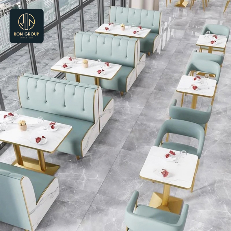 Hot Selling Modern Square Marble Coffee Shop Cafe Table Commercial Curved Chair Leather Booth Sofa Seating Pizza Restaurant Furniture for Restaurant Use