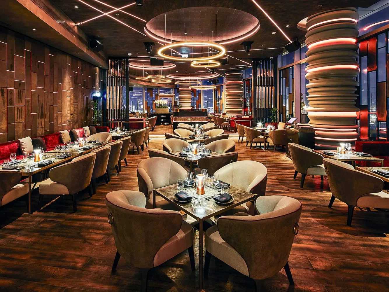 Marble Tabletops Gold Metal Bases Chairs and Leather Seating Set Restaurant Furniture