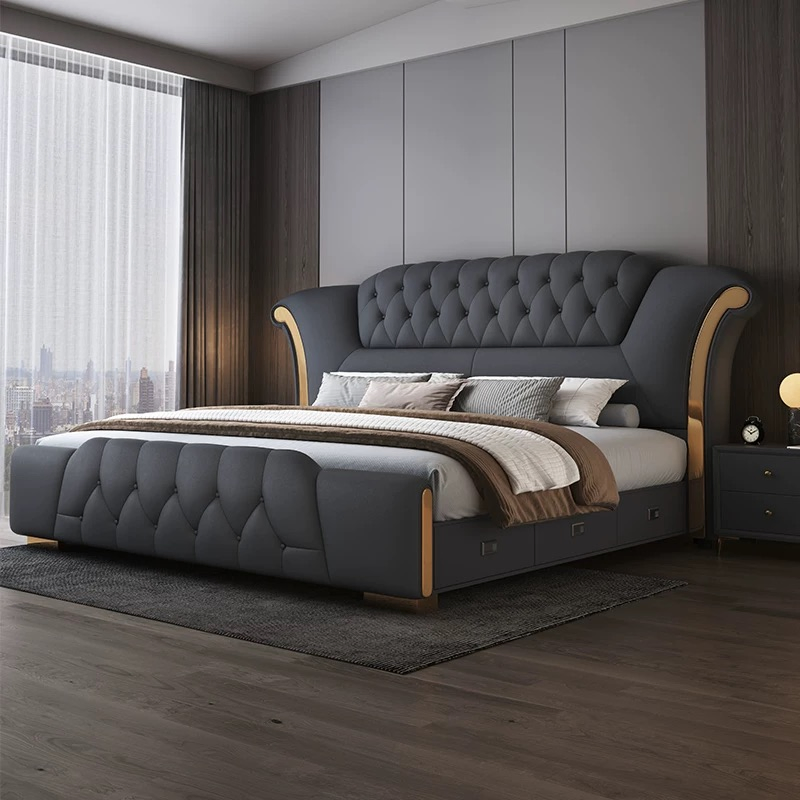 Premium Quality Custom Villa Bedroom Furniture Saving Space Leather Bed Set