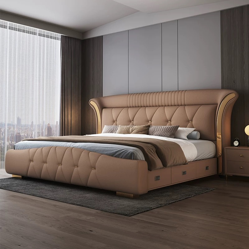 Premium Quality Custom Villa Bedroom Furniture Saving Space Leather Bed Set
