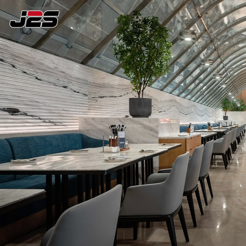 Commercial Table Coffee Shop Restaurant Furniture Beige Leather Armchair Long Rectangular Marble Table Set Luxury Buffet Project