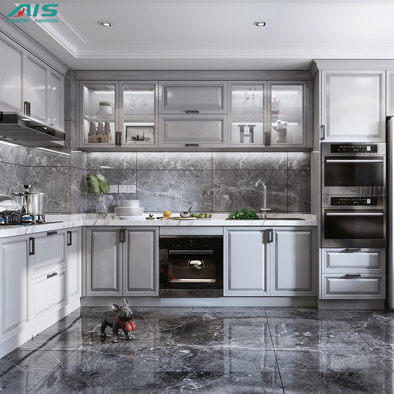 Contemporary Minimalist Luxury Style Simple Design Units Apartment Custom Furniture Set Grey Shaker Lacquer Kitchen Cabinet