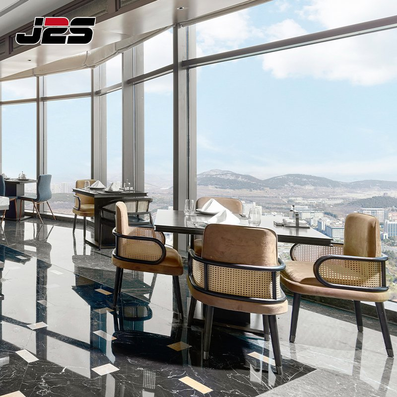 Commercial Restaurant Table Coffee Shop Furniture Solid Wood Rattan Back Armchair Rectangular Dark Wood Table Set High Altitude Restaurant