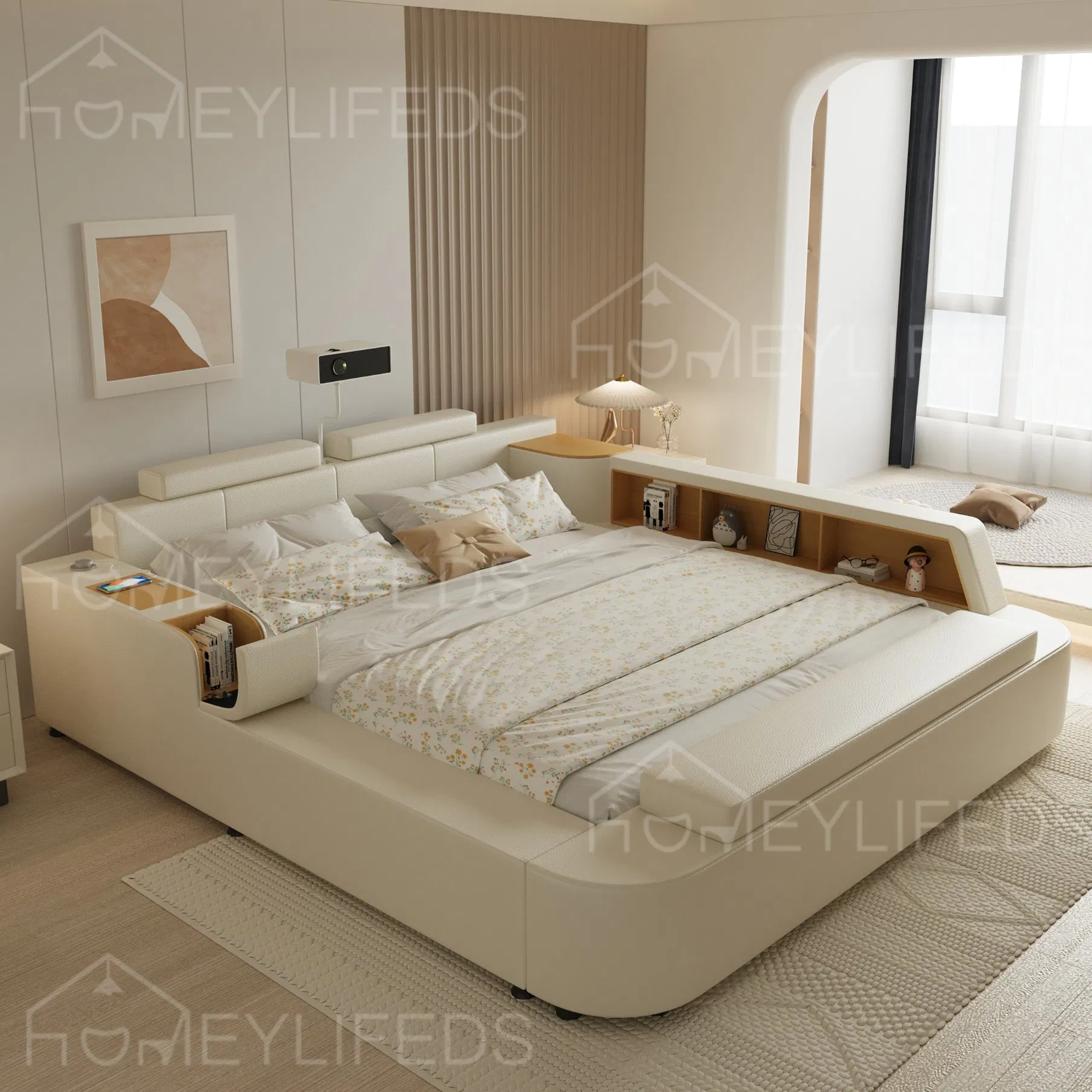 Leather Smart Bed Multifunctional Bed for Bedroom Furniture Hotel King Size Bed with Storage