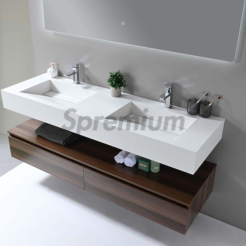 Modern Luxury Sanitary Ware Muebles Wall Hung Stone Sink Wooden Bathroom Furniture with LED Smart Mirror