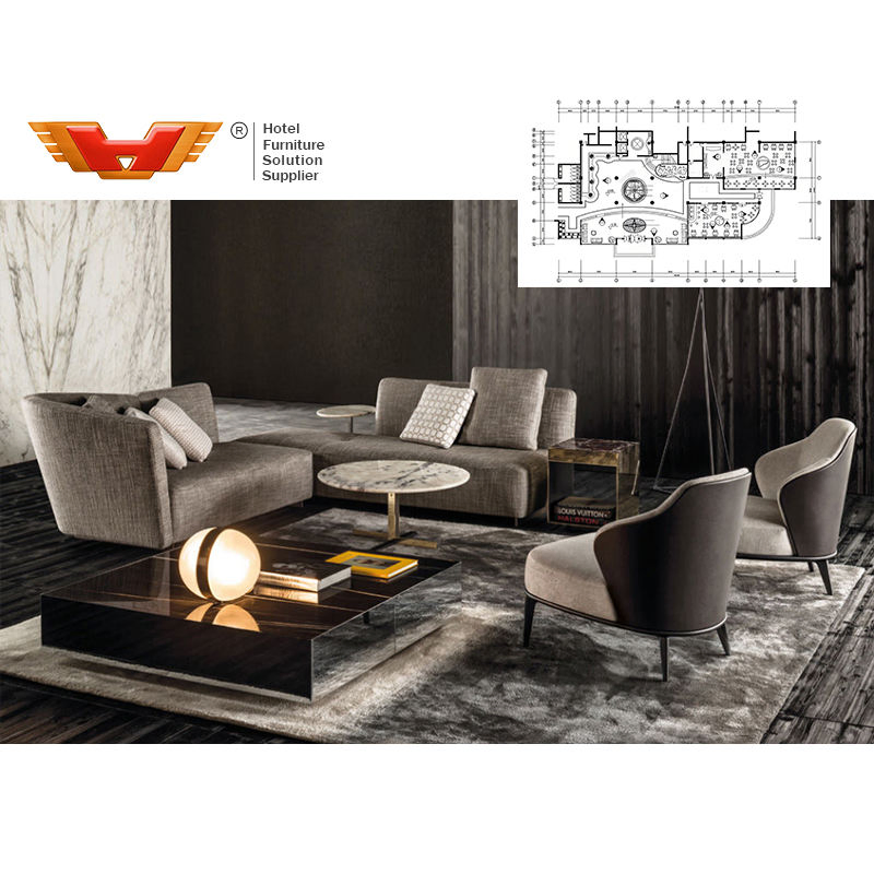 Luxury Hospitality Wooden Table Velvet Fabric Chairs Sofa Set Hotel Lounge Lobby Sitting Furniture