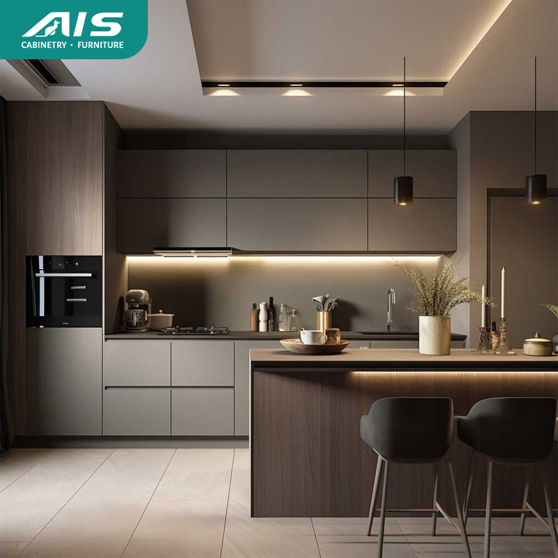 AIS 2025 Brown Wholesale Solid Wood Lacquer Kitchen Storage Cabinets From China Grey Luxury Kitchen Furniture Set with Island