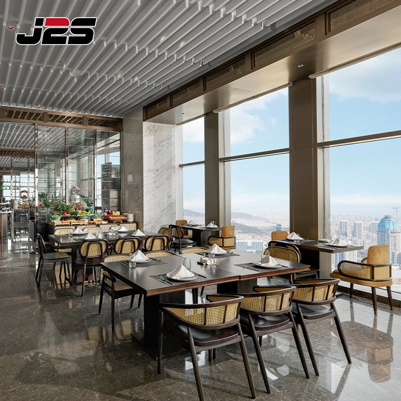 Commercial Restaurant Table Coffee Shop Furniture Solid Wood Rattan Back Armchair Rectangular Dark Wood Table Set High Altitude Restaurant