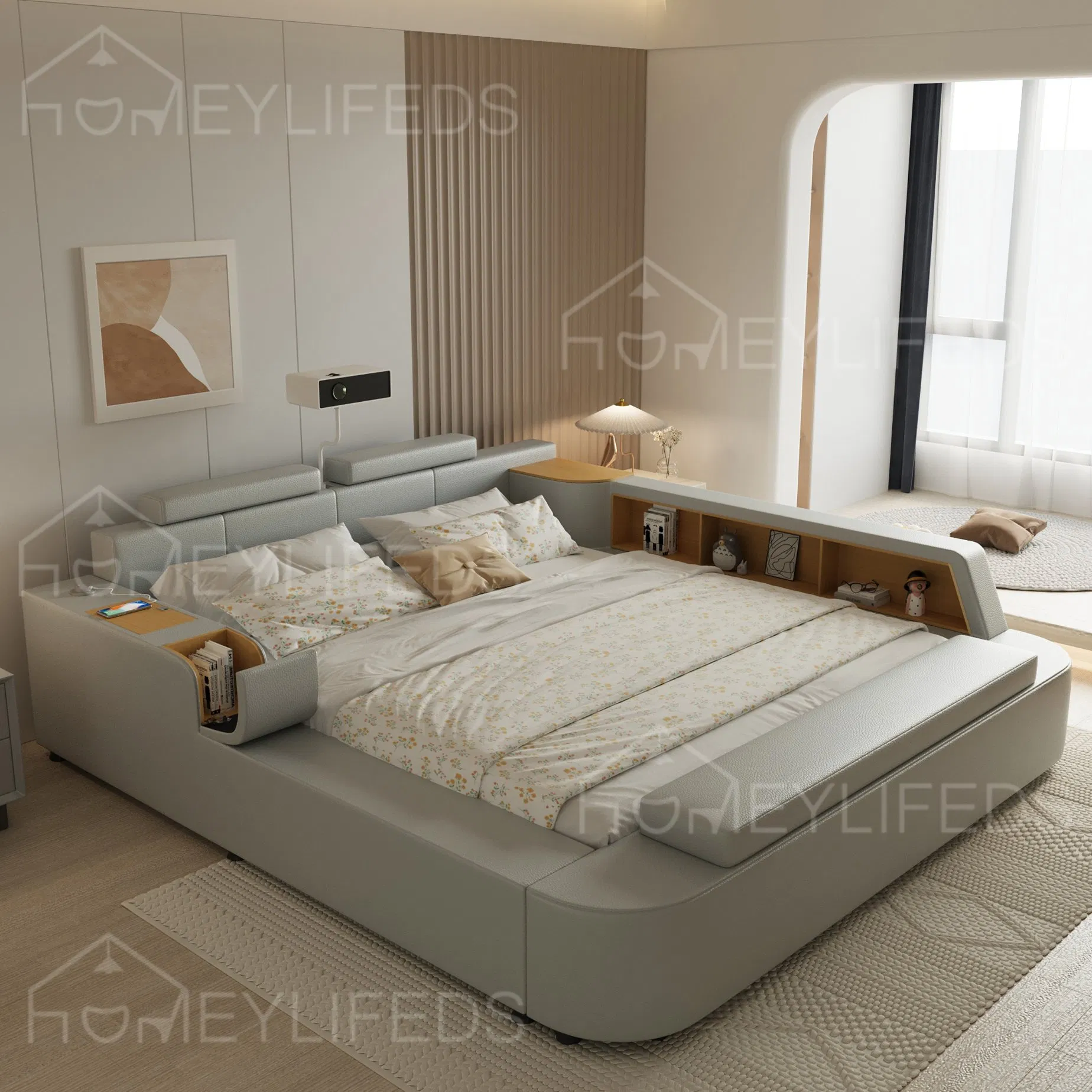 Leather Smart Bed Multifunctional Bed for Bedroom Furniture Hotel King Size Bed with Storage