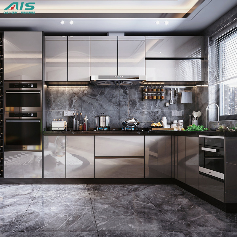 Contemporary Minimalist Luxury Style Simple Design Units Apartment Custom Furniture Set Grey Shaker Lacquer Kitchen Cabinet