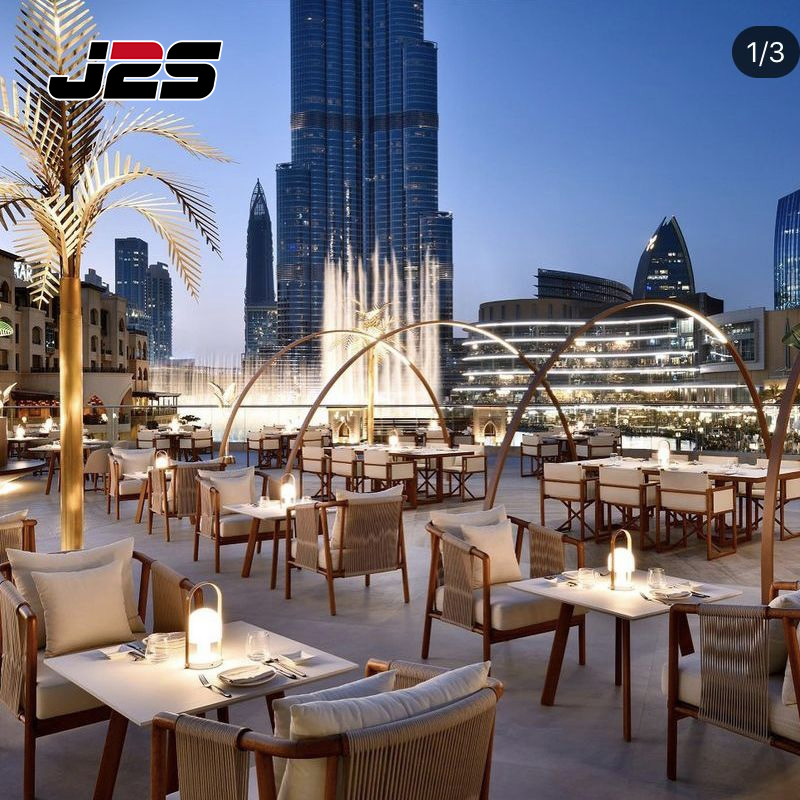 J2s Luxury Commercial Outdoor Teak Wood Woven Rope Chair Restaurant Furniture Sets for Hotel Terrace