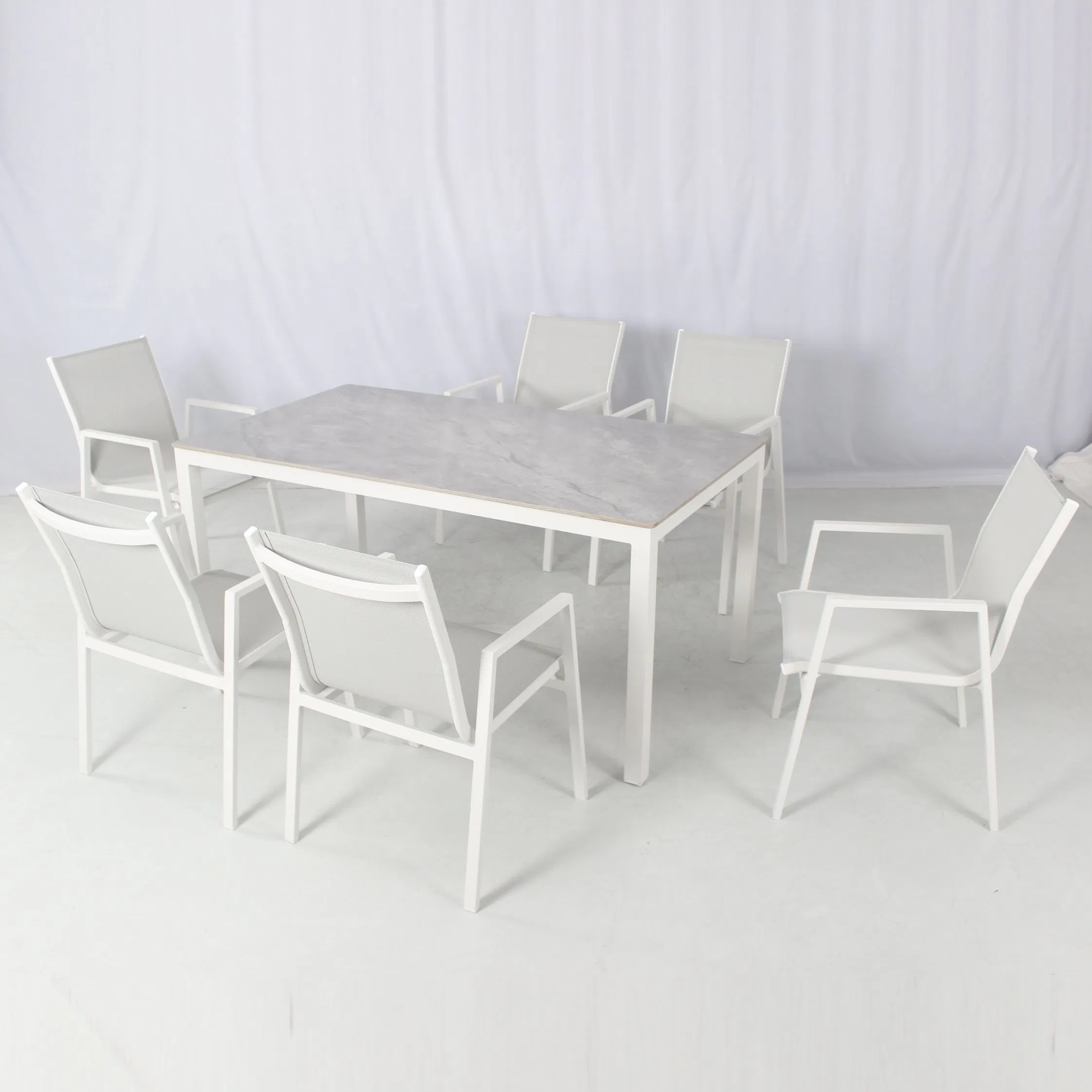 Commercial 6 Seater White Garden Terrace Aluminum Dining Table Mesh Fabric Dining Chair Furniture Set