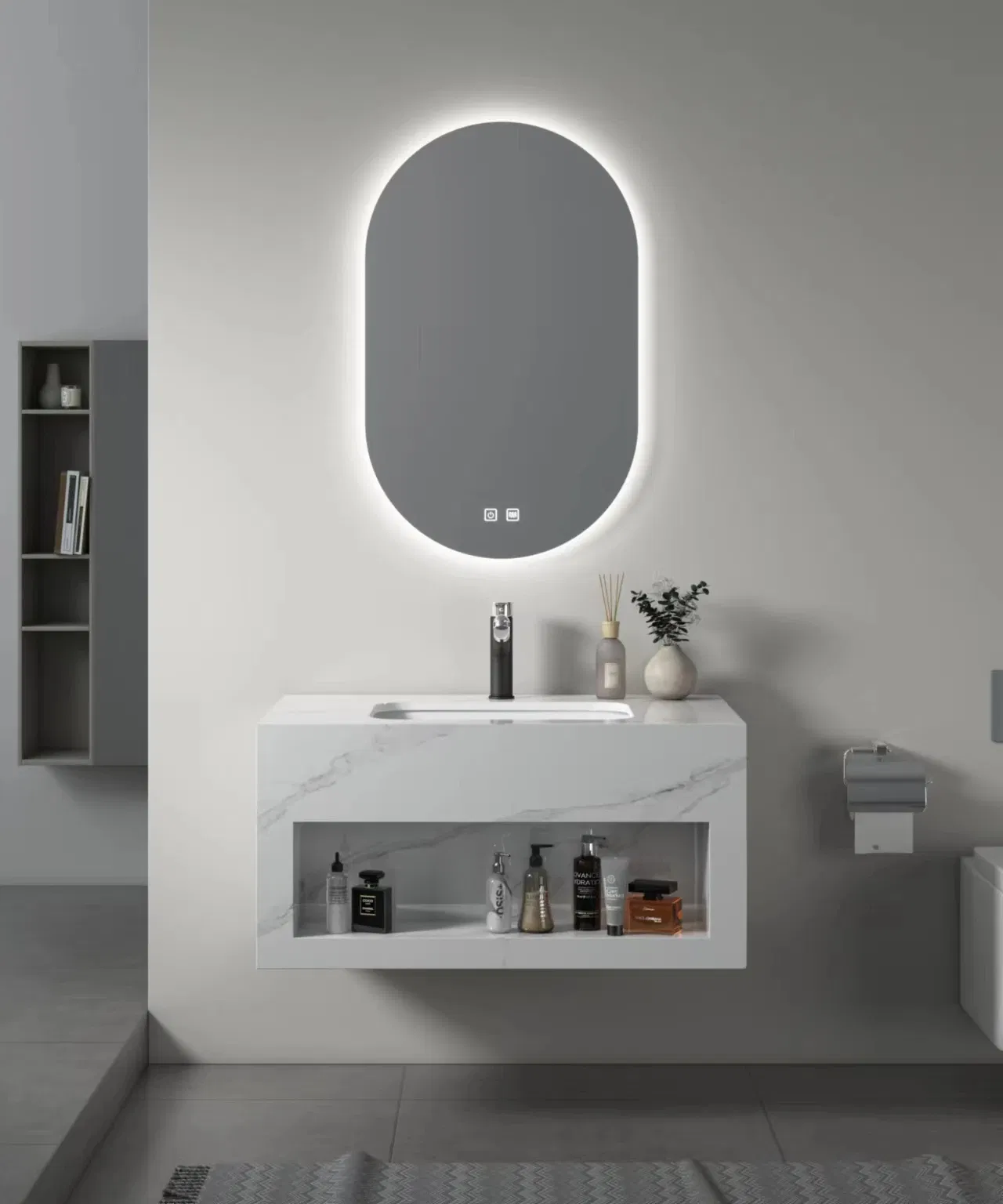 Modern Fluted Wall Mounted Sintered Stone Frame Wash Basin Bathroom Vanity Unit High End Sink Bathroom Cabinet Furniture with Oval Smart Mirror