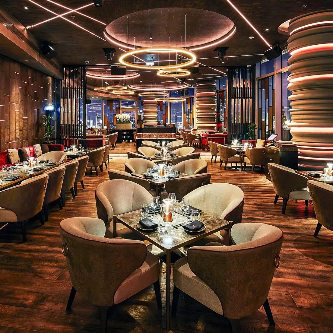 Marble Tabletops Gold Metal Bases Chairs and Leather Seating Set Restaurant Furniture