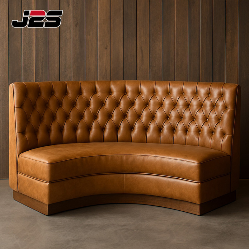 J2s Vintage Industrial Commercial Restaurant Furniture Sets Tan Leather Chesterfield Booth Seating with Solid Wood Tables