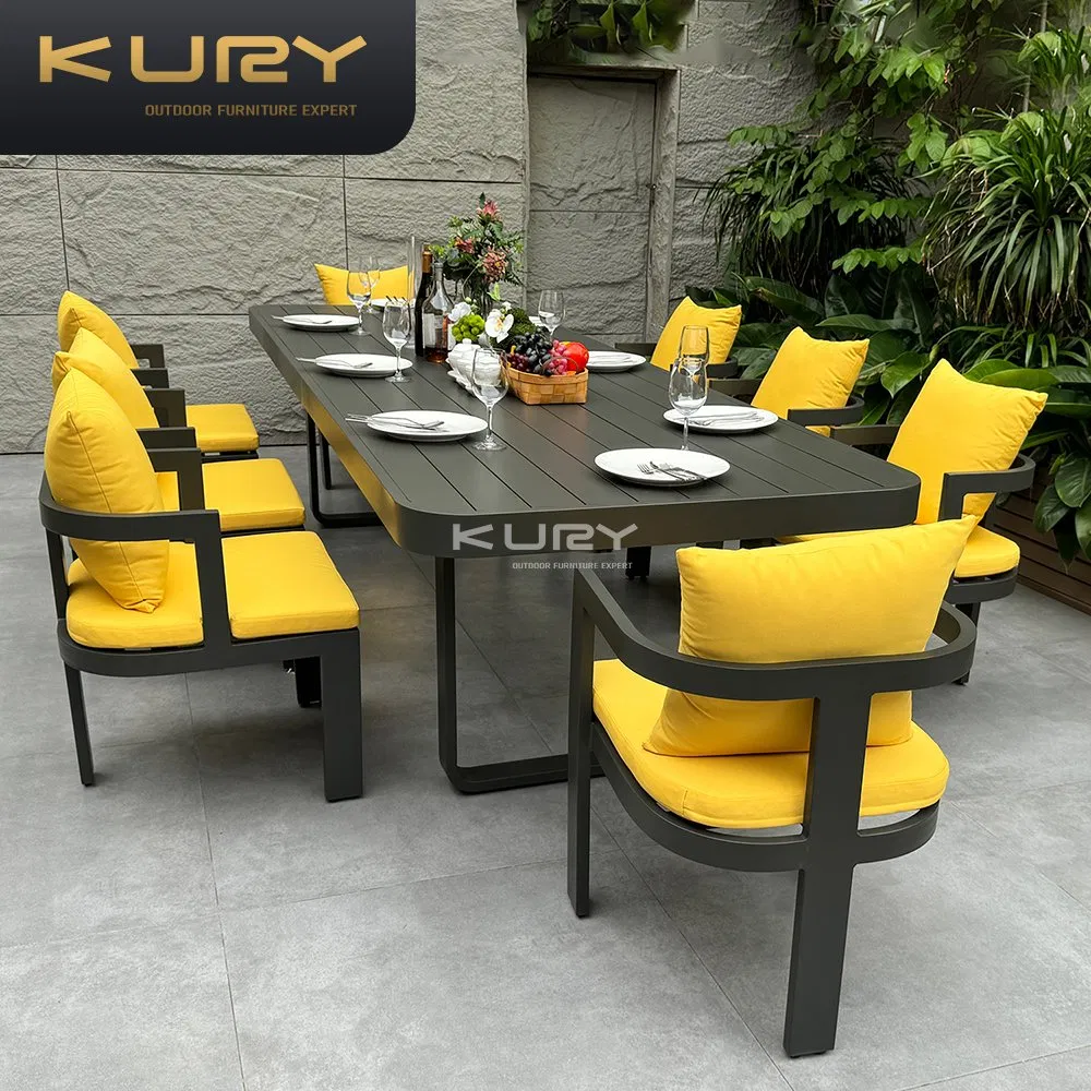 Garden Outdoor Restaurant Black Aluminum Alloy Square Dining Table Set Furniture with 8 Chairs