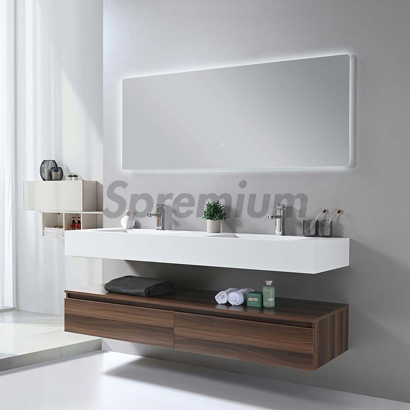 Modern Luxury Sanitary Ware Muebles Wall Hung Stone Sink Wooden Bathroom Furniture with LED Smart Mirror