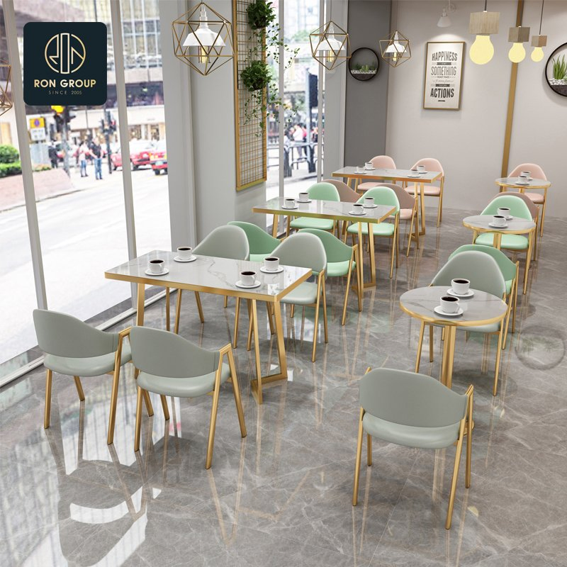 High-End Commercial Light Green Cafe Booth Bench Seating Hotel Coffee Shop Square Marble Metal Table and Chair Set Modern Restaurant Furniture for Restaurant