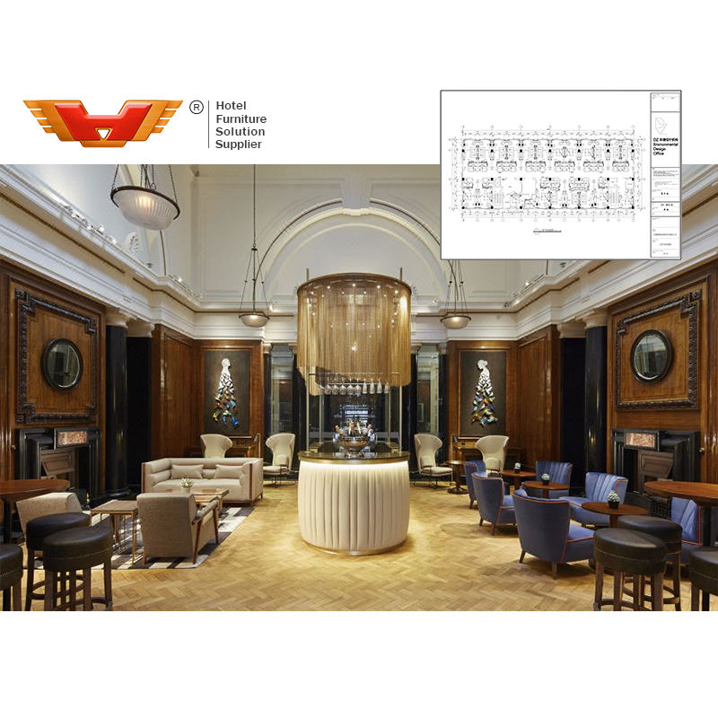 Luxury Hospitality Wooden Table Velvet Fabric Chairs Sofa Set Hotel Lounge Lobby Sitting Furniture