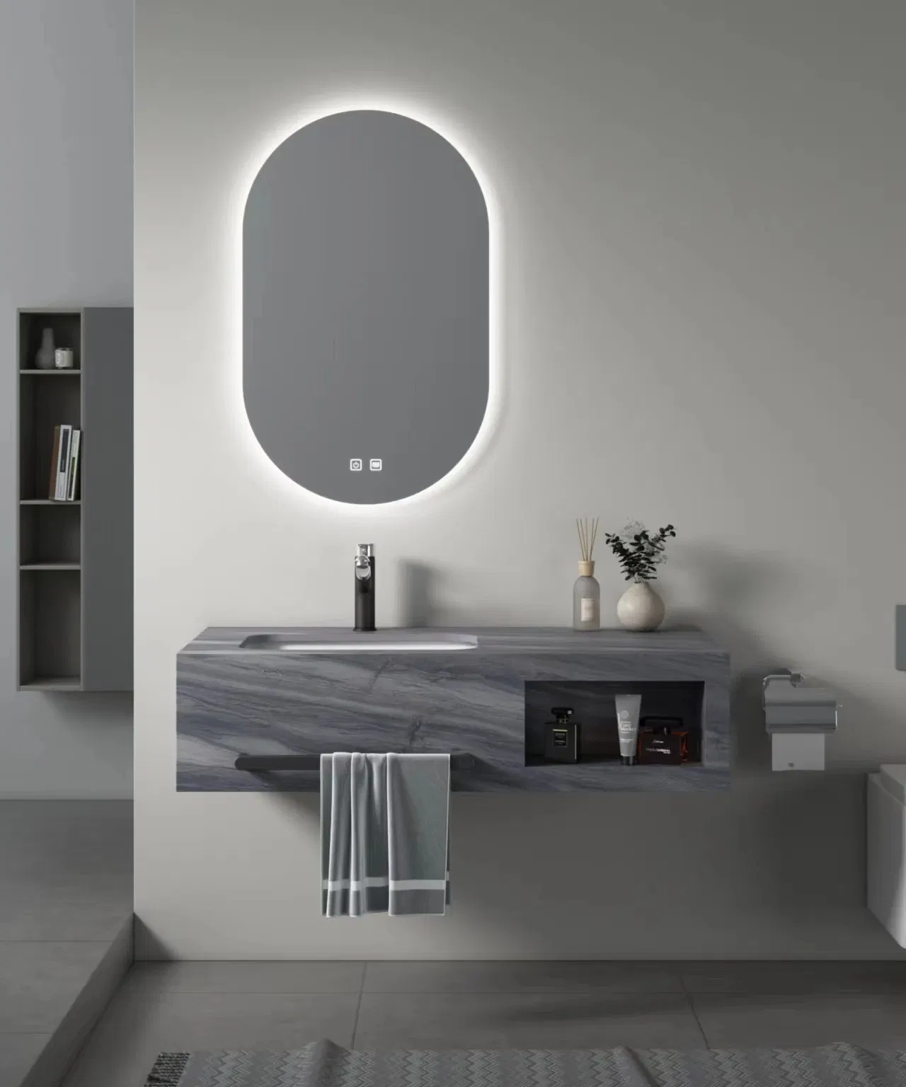 Modern Fluted Wall Mounted Sintered Stone Frame Wash Basin Bathroom Vanity Unit High End Sink Bathroom Cabinet Furniture with Oval Smart Mirror