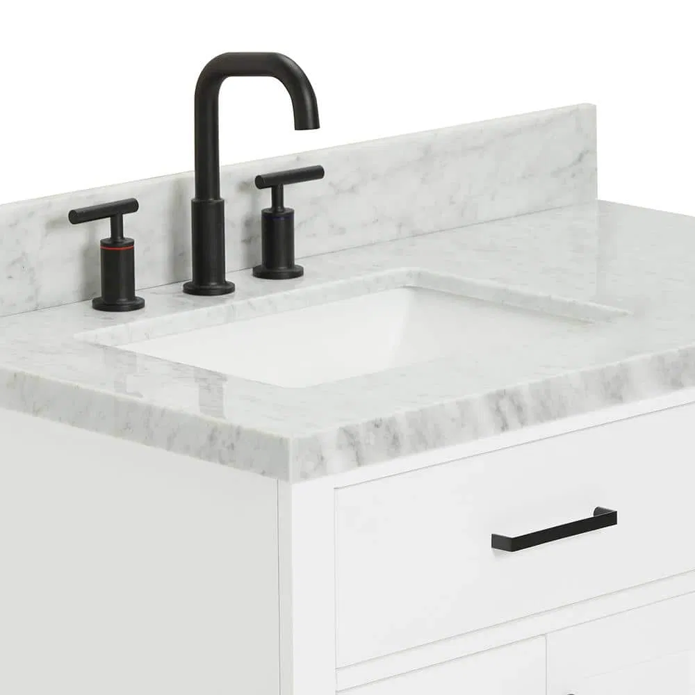 Bathroom Vanity Unit Furniture in White with Sintered Stone Marble Vanity Top in White with White Basin Chest of Drawers Storage Cabinet