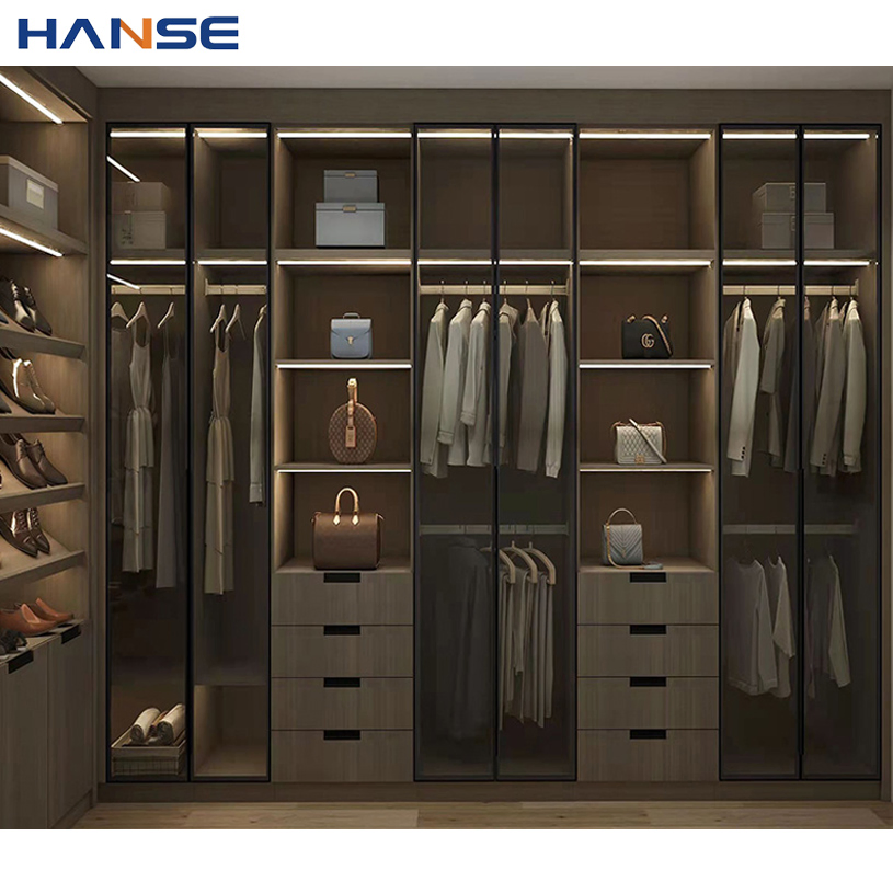 Modern Luxury Aluminum Glass Wardrobes Bedroom Furniture Modular Wooden Custom Design Walk in Closet Wardrobes