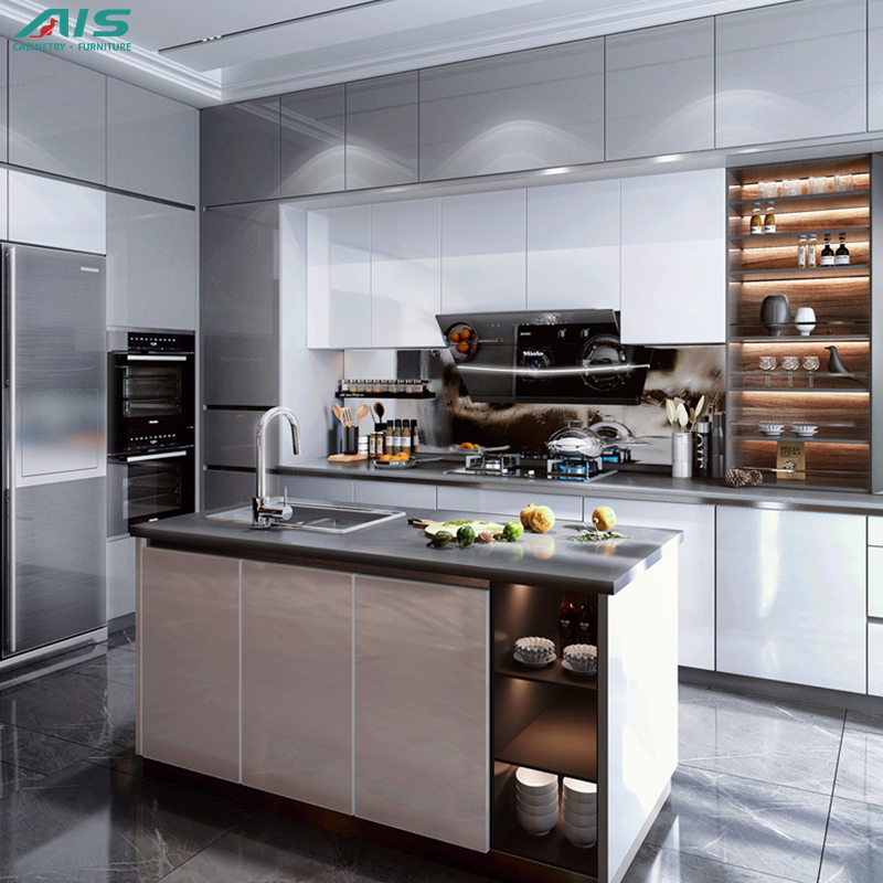 Contemporary Minimalist Luxury Style Simple Design Units Apartment Custom Furniture Set Grey Shaker Lacquer Kitchen Cabinet