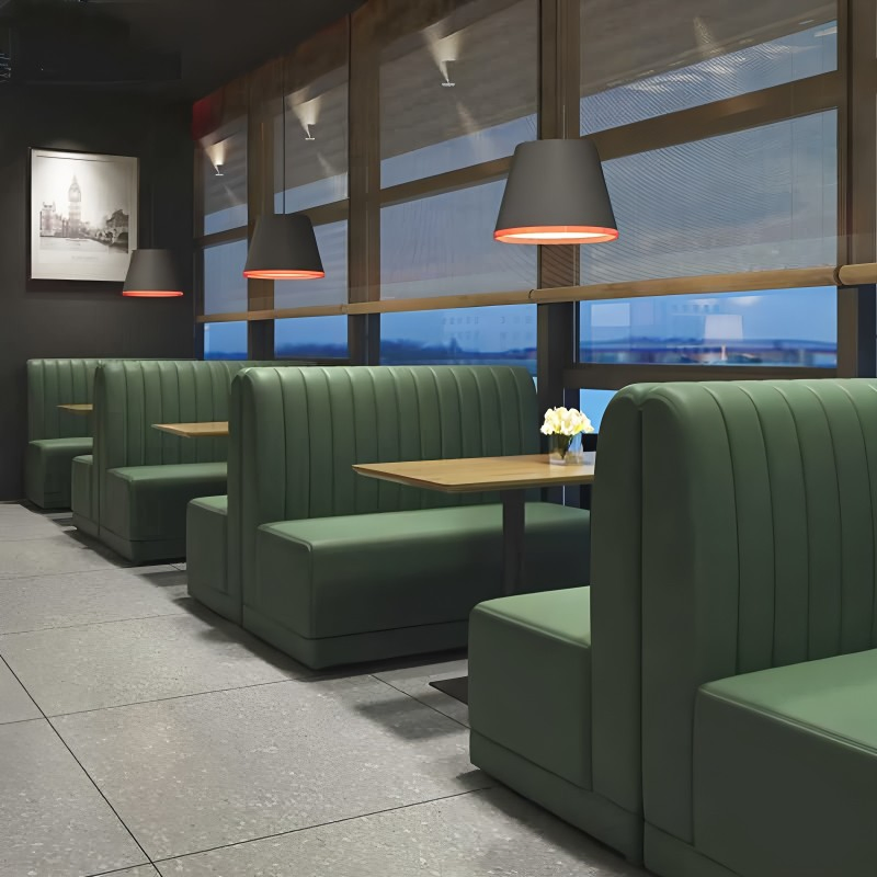 Foshan Commercial Modern Customized Wholesale Wood/Wooden Dining Table and Green Leather Sofa Set Restaurant Booth Seating Furniture for Cafe Bistro