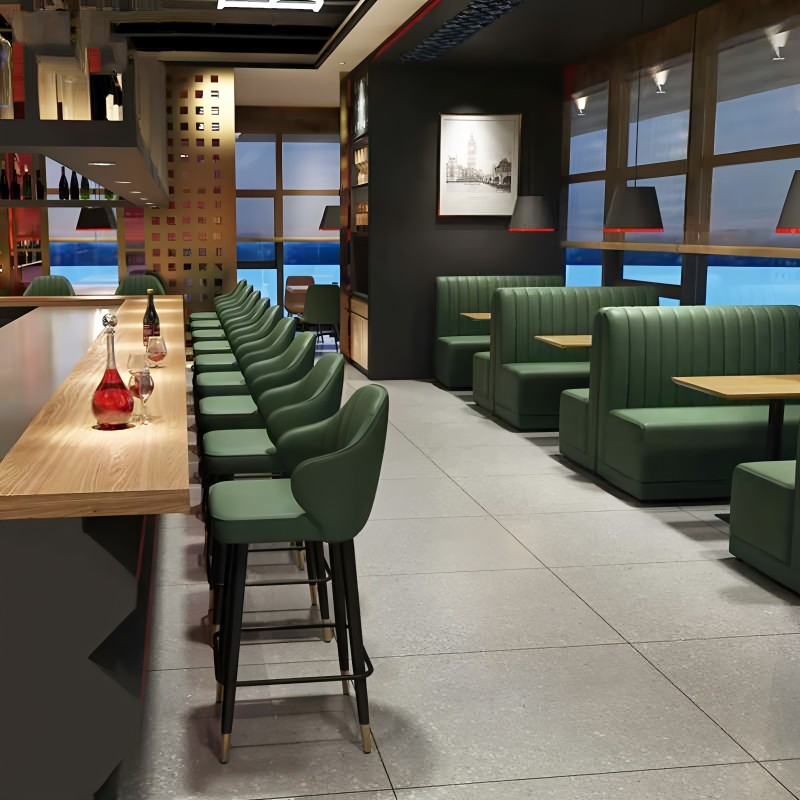 Foshan Commercial Modern Customized Wholesale Wood/Wooden Dining Table and Green Leather Sofa Set Restaurant Booth Seating Furniture for Cafe Bistro