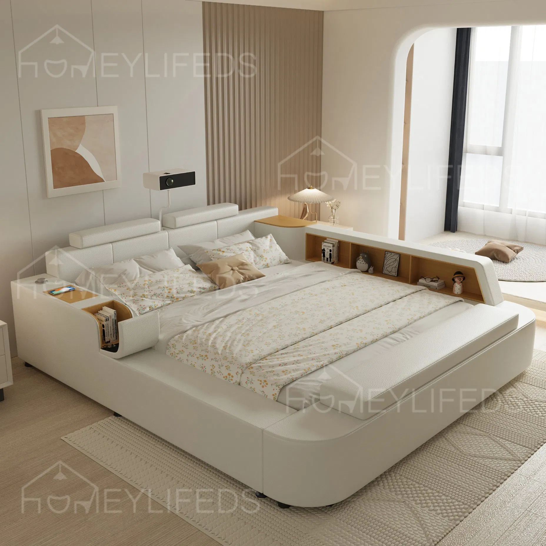 Leather Smart Bed Multifunctional Bed for Bedroom Furniture Hotel King Size Bed with Storage