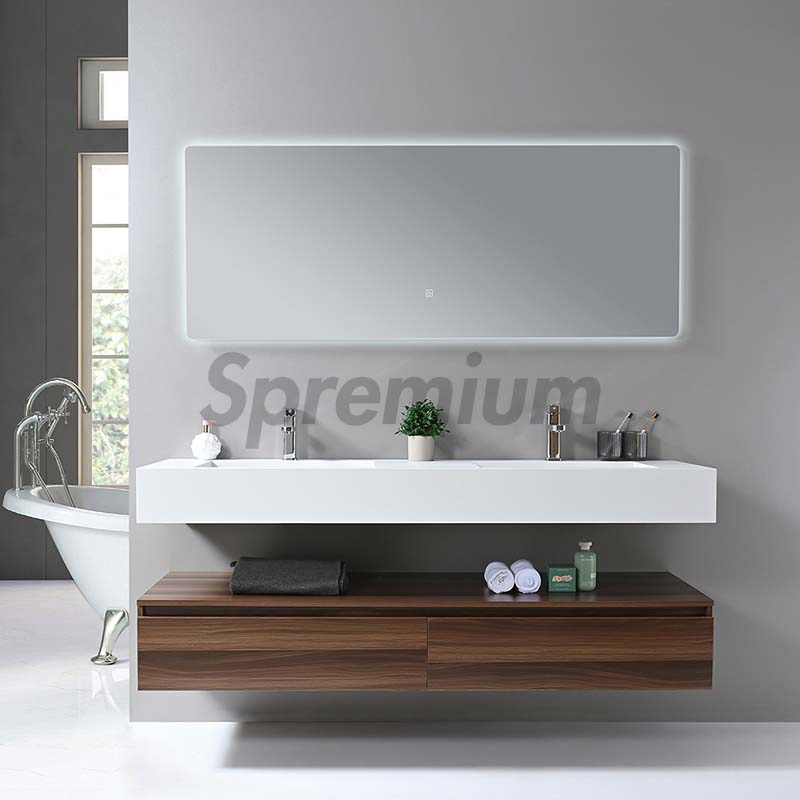 Modern Luxury Sanitary Ware Muebles Wall Hung Stone Sink Wooden Bathroom Furniture with LED Smart Mirror