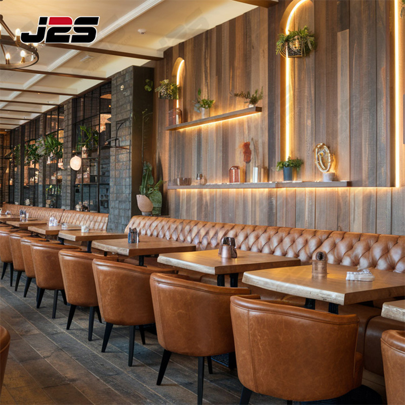 J2s Vintage Industrial Commercial Restaurant Furniture Sets Tan Leather Chesterfield Booth Seating with Solid Wood Tables