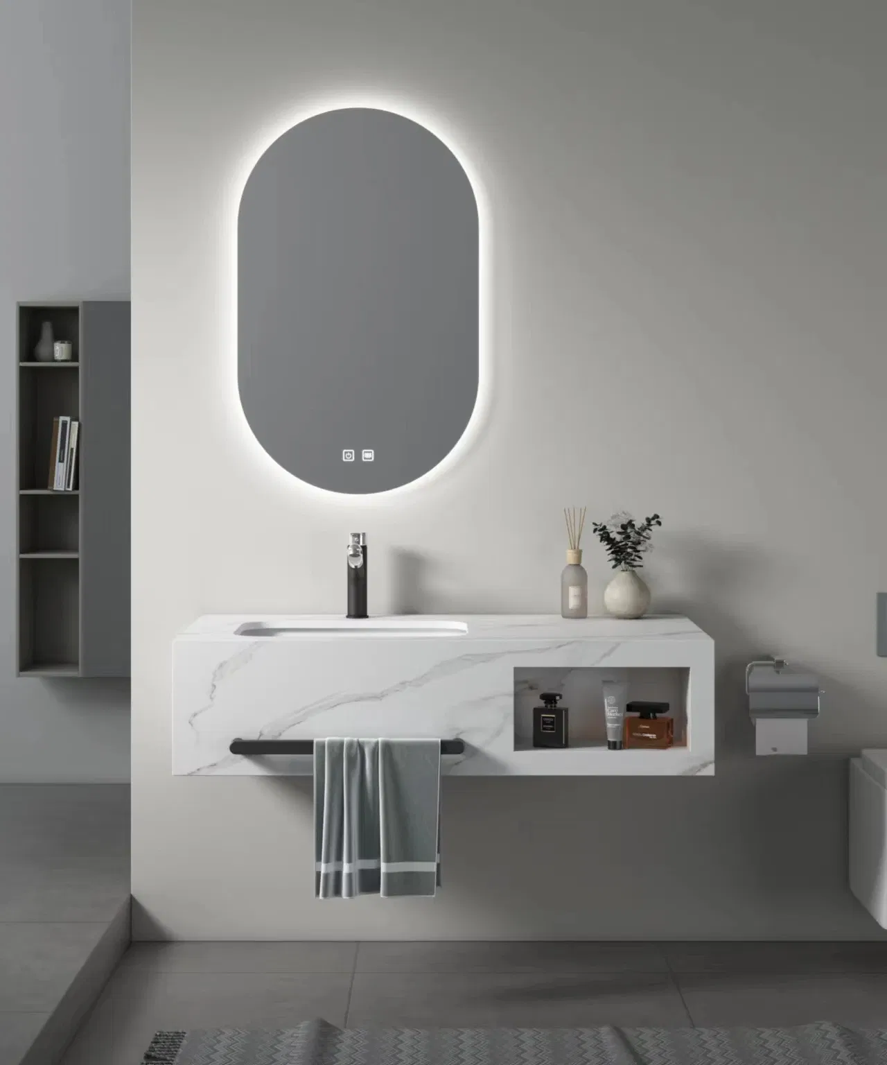 Modern Fluted Wall Mounted Sintered Stone Frame Wash Basin Bathroom Vanity Unit High End Sink Bathroom Cabinet Furniture with Oval Smart Mirror