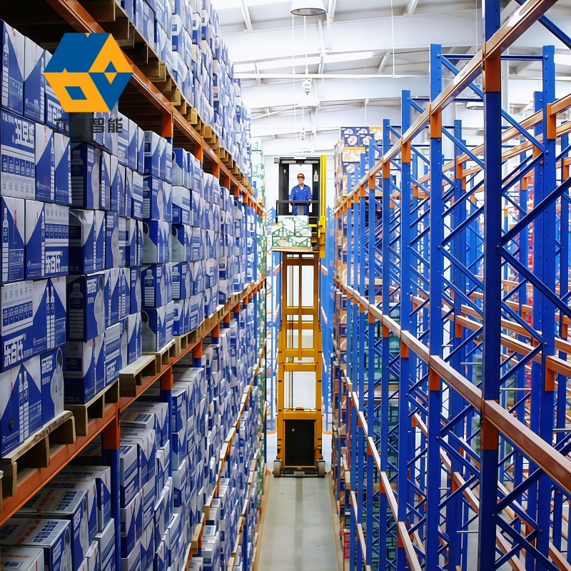 Sistema de estanterías de pasillo muy estrecho de acero de alta calidad, ajustable y de alta resistencia, estantería selectiva VNA de doble profundidad, marco azul, almacenamiento en metal para almacenes, estantería para palets VNA