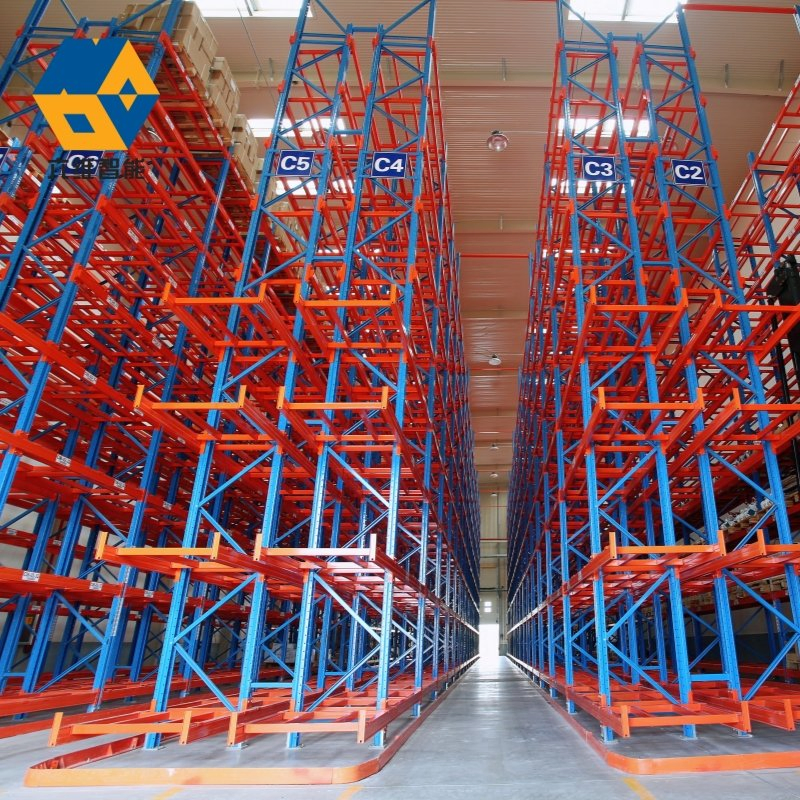 Sistema de estanterías de pasillo muy estrecho de acero de alta calidad, ajustable y de alta resistencia, estantería selectiva VNA de doble profundidad, marco azul, almacenamiento en metal para almacenes, estantería para palets VNA