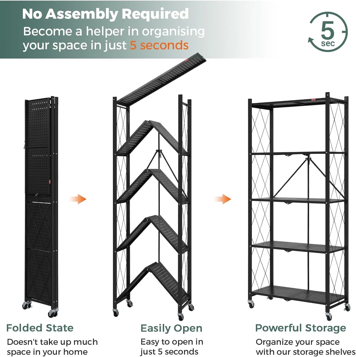 Caddy de Ducha Grande 5-Tier Estante de Almacenamiento Plegable con Ruedas Estante de Metal Plegable de Alta Resistencia con Ruedas