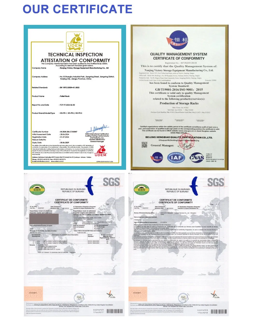 Certificado de estantería de cantilever