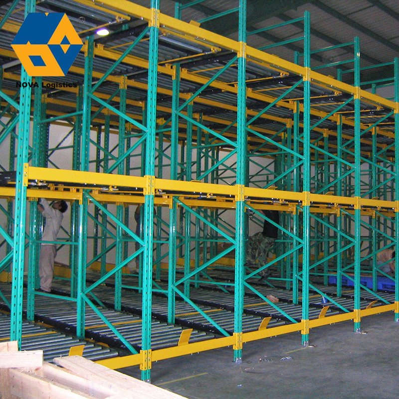 Estante de rodillos de gravedad ajustable de alta densidad personalizado Nova para almacenamiento en almacén de acero, estante de paletas de gravedad de alta resistencia